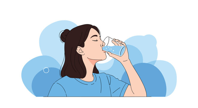 Healthy young woman drinks a refreshing glass of clean water to stay hydrated against a soft blue abstract background.