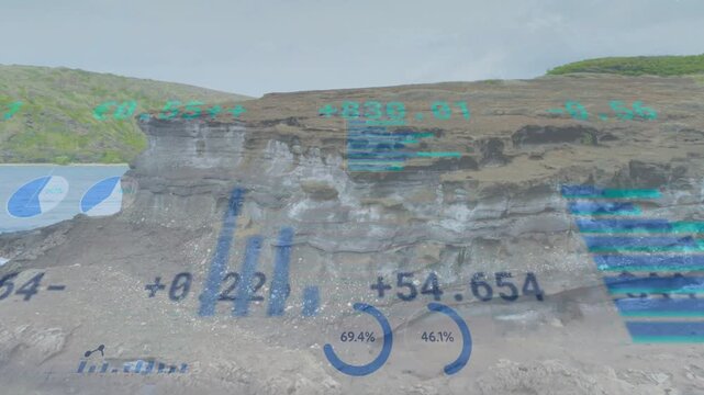 Faint teal charts appearing, HUD graphics rising and sliding over coastal cliff, visualizing trends