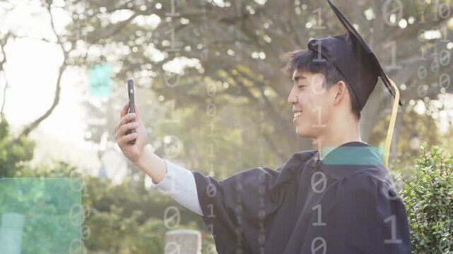 Graduate raising phone and showing binary overlays, marking grabbing diploma with peer snapping him
