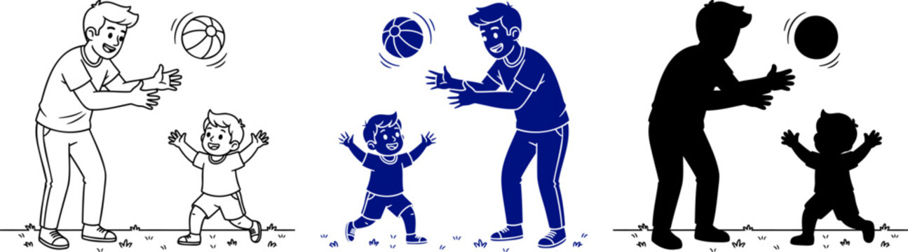 Father and son playing with ball, three styles outline, blue filled, and silhouette illustrations on transparent background.