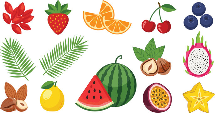 Collection of colorful tropical fruit vector icons including dragon fruit, watermelon, starfruit, passion fruit, berries, citrus, nuts, and palm leaves for healthy food design projects.