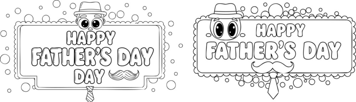 Happy father's day greeting cards with cute cartoon dad character wearing hat and tie, surrounded by bubbles and decorative elements.