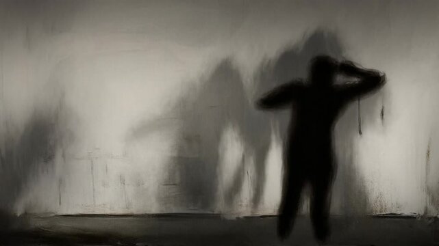 Static shot of silhouetted figures moving and gesturing behind translucent glass in dim interior hallway backlit by soft light