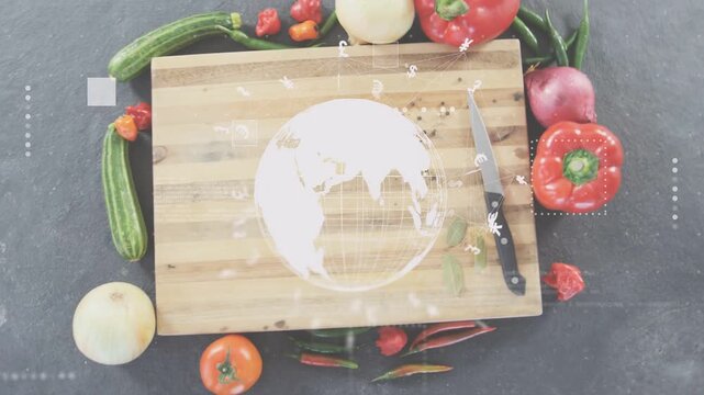 Camera tilting, globe HUD appearing over cutting board globe rotating, revealing vegetables, knife