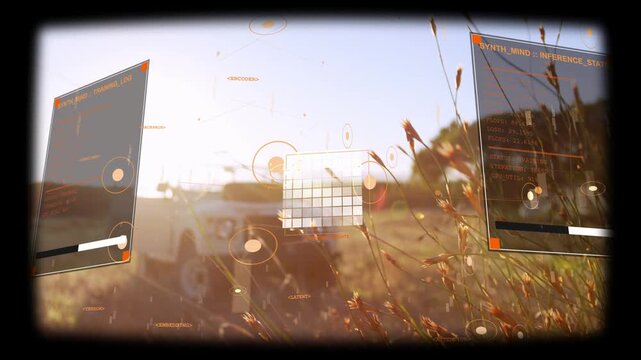 On activation HUD overlay sliding panels, pulsing nodes and framing white off-road vehicle