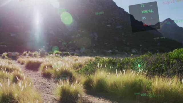 Runner entering frame and running along sunlit trail, AR HUD tracking motion showing fitness data