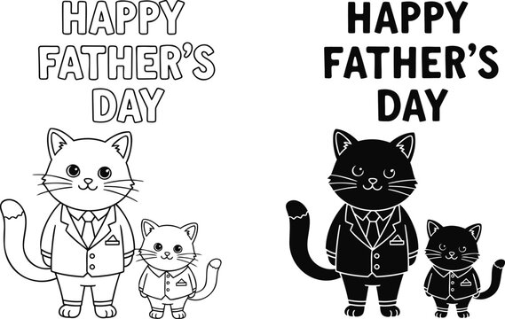 Happy father's day illustration with cute father cat and kitten wearing suits, in outline and silhouette styles.
