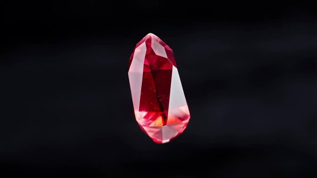 Slow motion rotating ruby gemstone spinning and floating against black background in studio closeup with glossy faceted crystal reflections