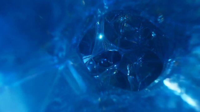 Tracking shot closeup of translucent blue crystal formations rotating and refracting light in studio abstract macro setting