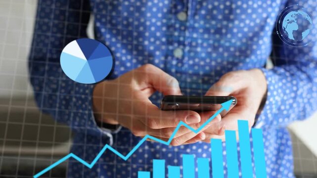 Woman tapping phone in office, reviewing data as bars, line, pie and globe updating around phone