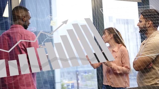 Left man pointing making pie charts on glass, team analyzing biz-data as charts morphing to bars