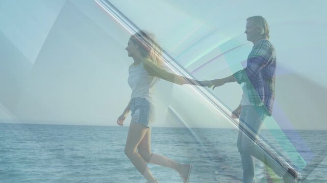 Woman stepping and jogging, man holding hand matching stride on pier, prism overlay sweeping travel