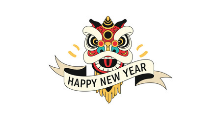 Fototapeta premium Colorful traditional lion dance head illustration with a Happy New Year ribbon celebrating Chinese lunar festival culture and heritage.