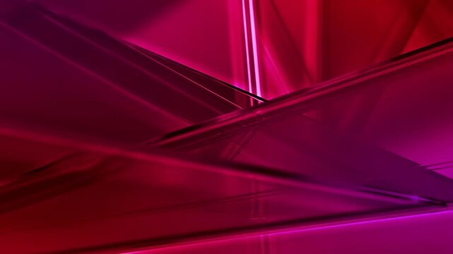 Pan tracking shot of reflective glass planes sliding and overlapping across abstract red magenta studio backdrop with glossy translucent facets and shifting highlights