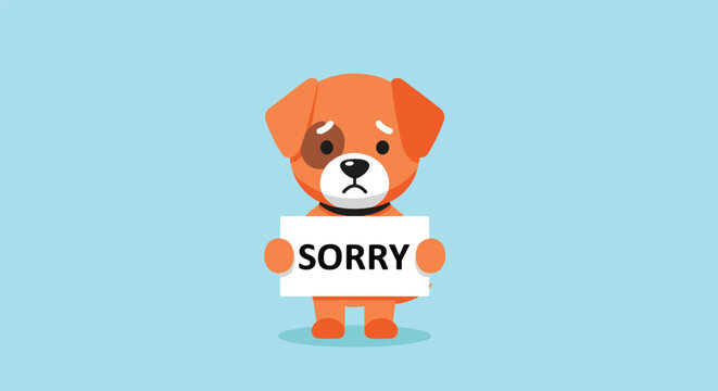 Cute cartoon puppy with a sad expression holding a white sign that says sorry against a light blue background for apology concepts.