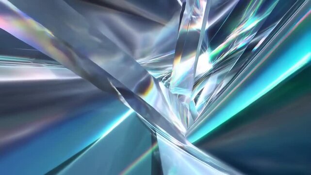 Tracking shot moving through iridescent crystal tunnel with reflective glass shards and shifting facets in abstract digital interior space