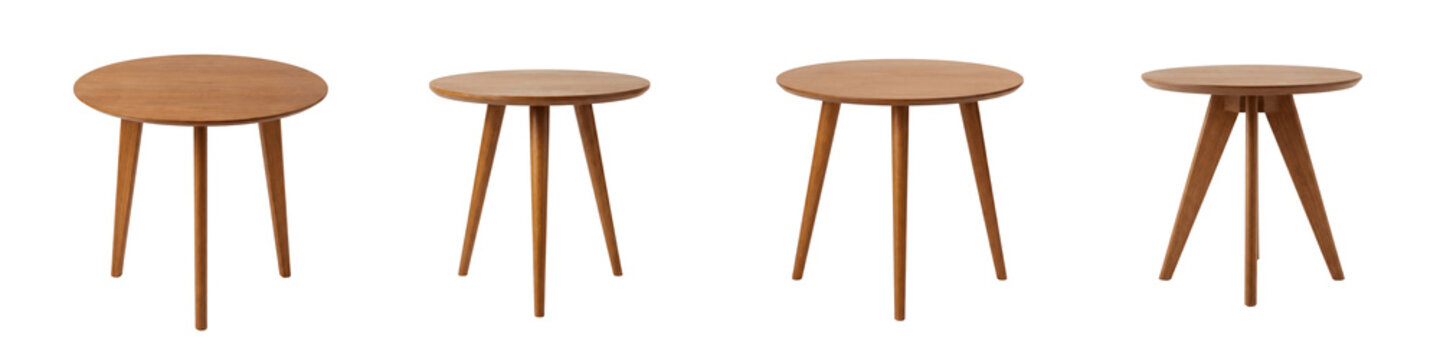 Four wooden tables with round tops and three legs each isolated on transparent background