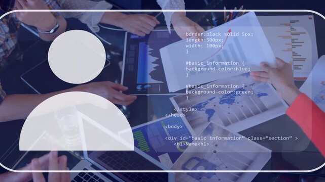 Team pointing at tablet and initiating avatar overlay while code converting into profile for UX