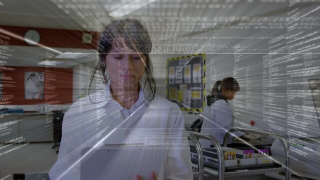 Lab tech tapping tablet, data overlay appearing guiding sample processing while peer sorting vials