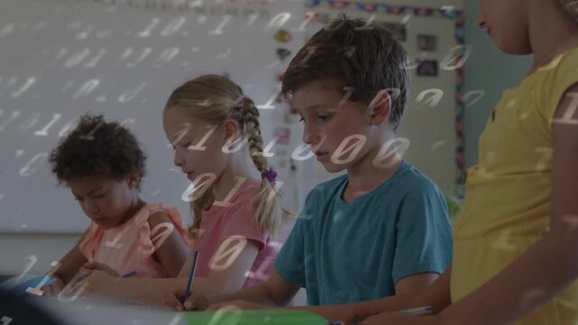 Students writing, boy in blue pausing, smiling for camera while binary digits drifting across frame