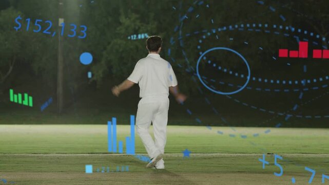 Bowler bowling, sparking sports team appealing for wicket  and  batter walking off, charts over stum