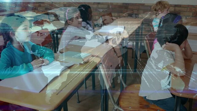 Overlay appearing starting HUD icons growing across notebooks while students writing for education