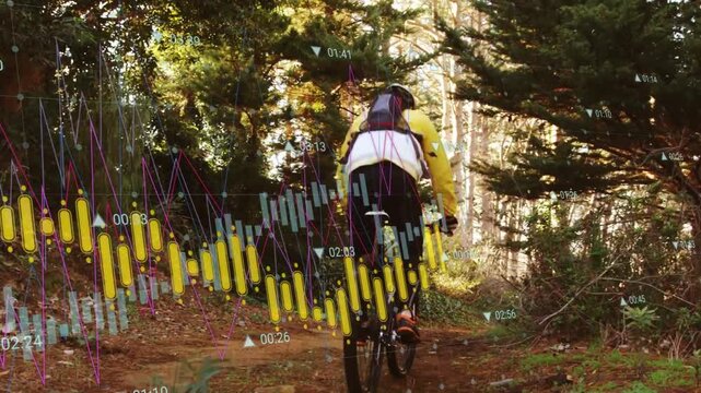 Cyclist entering frame, climbing, starting tech overlays, candles and times analyzing ride