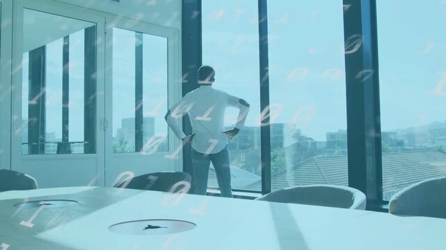 Biz exec standing by table at window, data overlay drifting, causing shifting and scanning skyline
