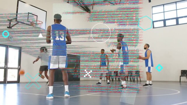 Five basketball players doing drill shooter releasing ball teammate catching layup overlays showing