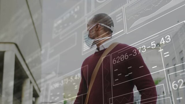 Businessman pausing as AR HUD panels appear, scanning city facades, analyzing data for navigation