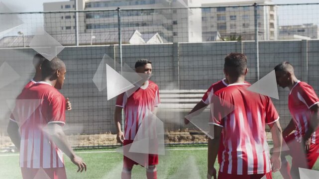 Seven male soccer team training on turf, ball entering circle, triangles drifting over team