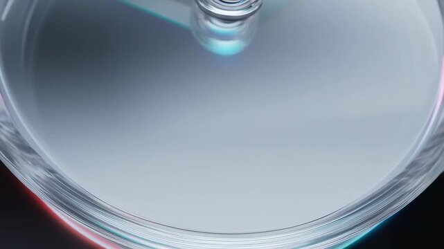 Slow motion macro tracking shot of pipette drop forming meniscus on glass container in laboratory studio with iridescent reflections
