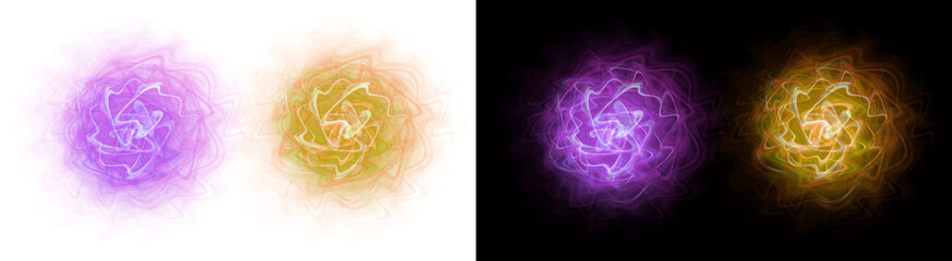 PNG image of Two vibrant abstract energy vortexes swirl with purple and golden light on transparent background © RifahTasnia