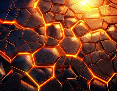 cracked metal surface glowing with heat and orange light industrial texture extreme temperature futuristic or energy concept