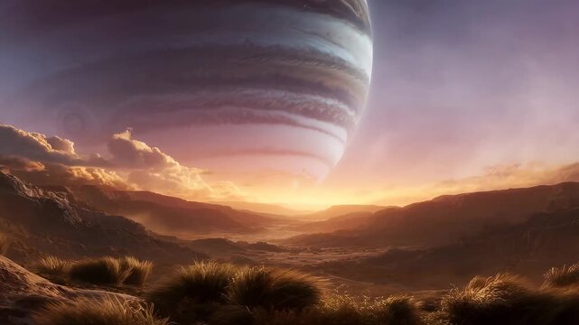Slow dolly tracking shot of massive gas giant planet looming over rocky desert valley during golden hour sunset on alien landscape