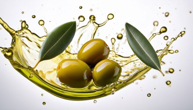 green olives splashing with extra virgin olive oil on white background