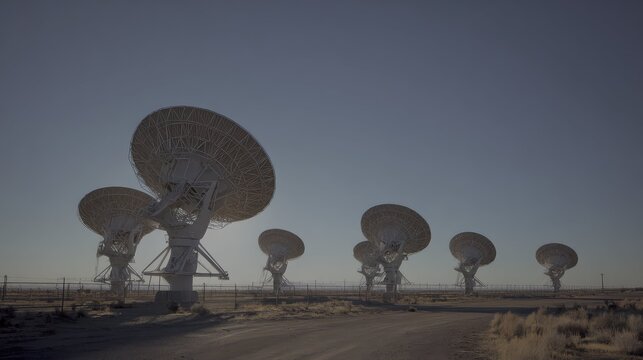 Large radio telescope array of giant dish antennas spreading across an arid desert landscape, observing deep space and cosmic phenomena beneath a clear blue sky
