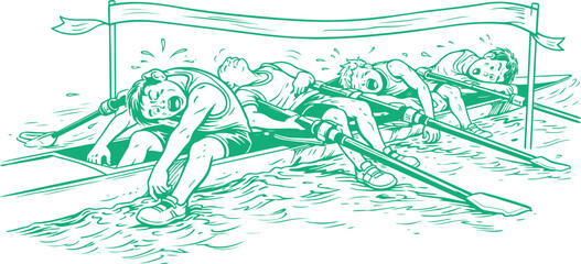 Exhausted Rowing Team Collapses at Race Finish Line © Mohammad Graphics