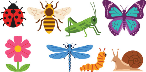 Colorful Insects and Flowers Including Ladybug, Bee, Grasshopper, Butterfly, Dragonfly, Caterpillar, Snail, and Flower for Nature and Wildlife Designs © MSTSHAHINA