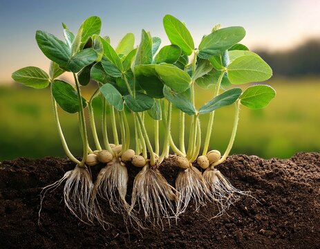 roots with leaves of fresh soy germinated soybean sprouts in the soil