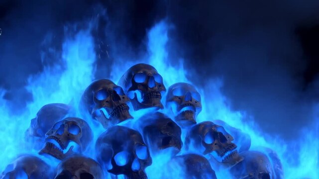 Slow zoom in on pile of human skulls with blue flames flickering and glowing on dark smoky studio set closeup tracking shot of macabre arrangement