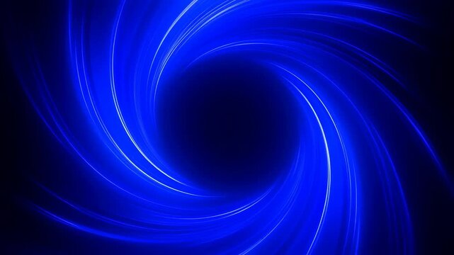 Slow motion rotating reveal of swirling blue light vortex on dark digital background in studio loop animation for visual effects