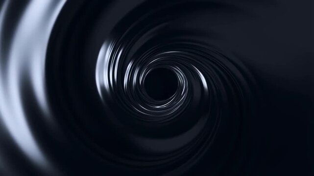Slow motion tracking shot of metallic vortex spiraling into dark tunnel interior with reflective glossy surfaces and hypnotic rotation