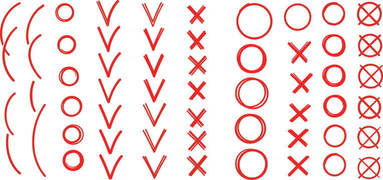 Red hand drawn brush stroke check mark cross and circle vector set featuring various textured symbols for correction error and validation icons on white background.