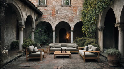 Naklejka premium Open air courtyard inviting relaxation, featuring comfortable outdoor sofa and armchairs, a wooden coffee table with beverages, surrounded by historic brick walls, green foliage, and classic arches