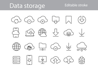 Fototapeta premium Data cloud storage and files outline icon collection. Mobile app signs. Big data symbol set. Download arrow. Computer database. Editable stroke. Vector stock illustration