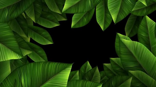 Slow pan tracking shot of tropical banana plant leaves shifting and revealing empty black center frame against jungle studio canopy backdrop