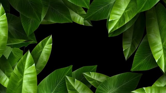 Panning slow motion shot of tropical banana leaves sliding across black background along frame edge in studio setting