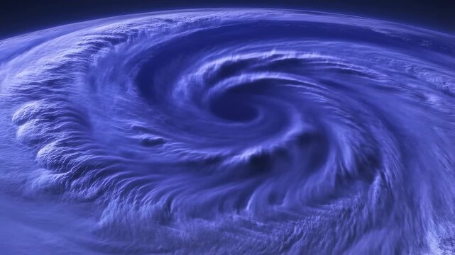 Aerial slow motion tracking shot of hurricane vortex spiraling over ocean surface from above showing swirling storm clouds and eye formation