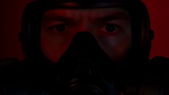Tracking shot of person wearing gas mask slowly staring into camera with red lighting in studio close up frontal composition